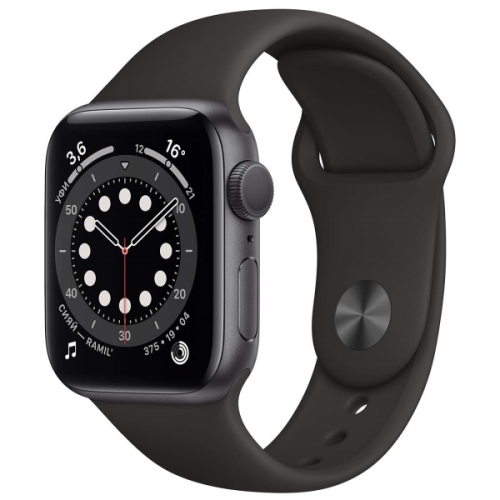 Apple Watch Series 6, 40 мм, корпус из алюминия цвета «серый космос», спортивный ремешок чёрного цвета MG133RU/A