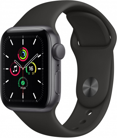 Apple Watch SE, 40 мм, корпус из алюминия цвета «серый космос», спортивный ремешок чёрного цвета MYDP2RU/A
