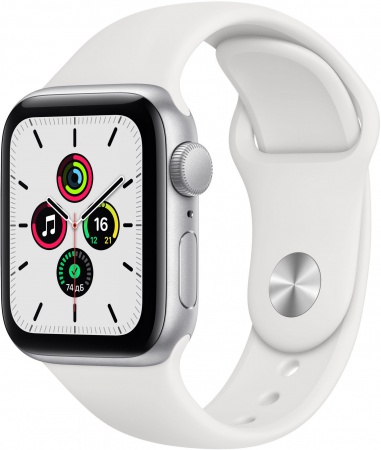 Apple Watch SE, 40 мм, корпус из алюминия серебристого цвета, спортивный ремешок белого цвета MYDM2RU/A