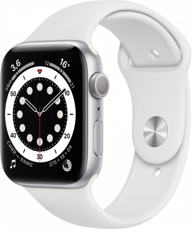 Apple Watch Series 6, 44 мм, корпус из алюминия серебристого цвета, спортивный ремешок белого цвета M00D3RU/A