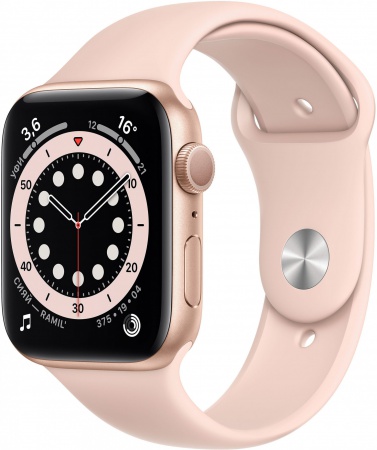 Apple Watch Series 6, 40 мм, корпус из алюминия золотого цвета, спортивный ремешок цвета «розовый песок» MG123RU/A