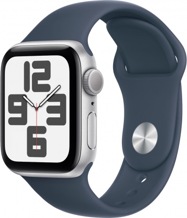 Часы Apple Watch SE 2023, 44 мм, корпус из алюминия серебристого цвета, спортивный ремешок цвета «синий шторм», размер S/M (MREC3)