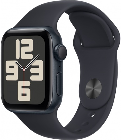 Часы Apple Watch SE 2023, 44 мм, корпус из алюминия цвета «тёмная ночь», спортивный ремешок цвета «тёмная ночь», размер M/L (MRE93)