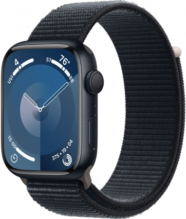 Часы Apple Watch Series 9, 41 мм, корпус из алюминия цвета «тёмная ночь», спортивный браслет (loop) цвета «тёмная ночь» (MR8Y3)
