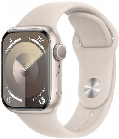 Часы Apple Watch Series 9, 45 мм, корпус из алюминия цвета «сияющая звезда», спортивный ремешок цвета «сияющая звезда», размер M/L (MR973)