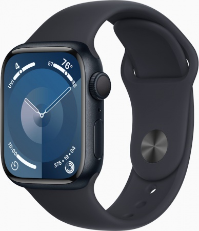 Часы Apple Watch Series 9, 45 мм, корпус из алюминия цвета «тёмная ночь», спортивный ремешок цвета «тёмная ночь», размер M/L (MR9A3)
