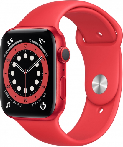 Apple Watch Series 6, 44 мм, корпус из алюминия цвета (PRODUCT)RED, спортивный ремешок красного цвета M00M3RU/A